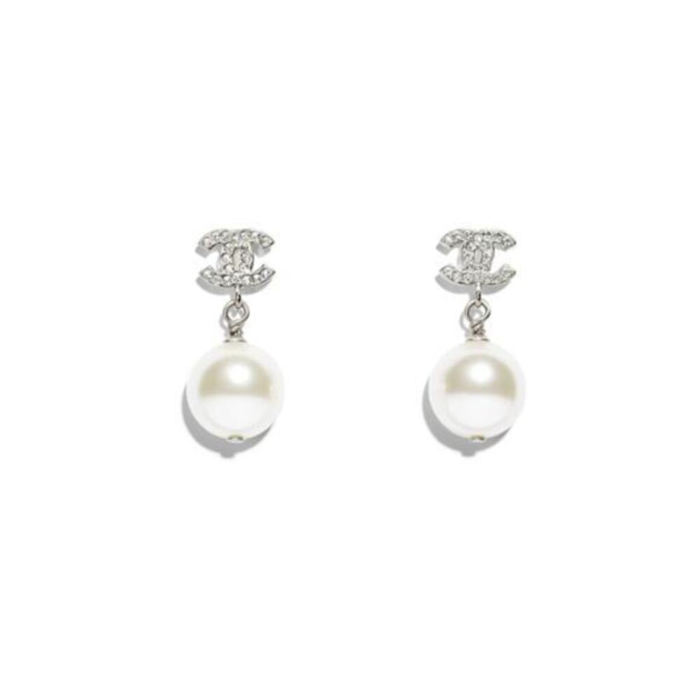 CHANEL Silver and Pearly Drop Dangling Logo Earrings